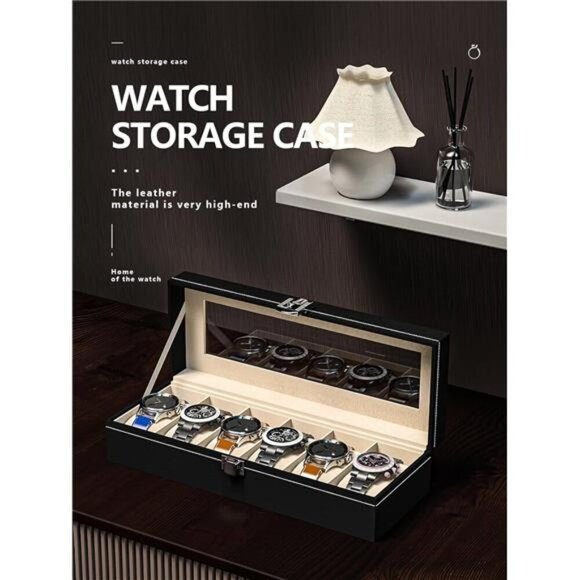 Black Leather Watch Display Box Organizer Case with Glass Lid 6 Slot Storage - Picture 4 of 7